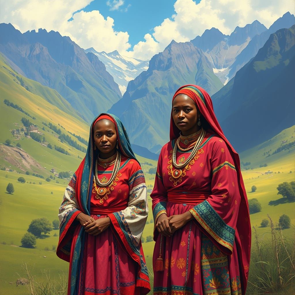 Eritrean Women in Traditional Attire Amidst Majestic Mountai...