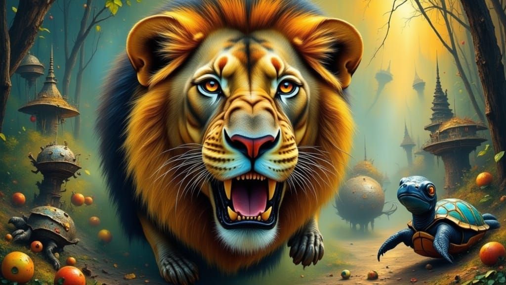 Surreal Lion Cockatiel Fusion in Chaotic Style