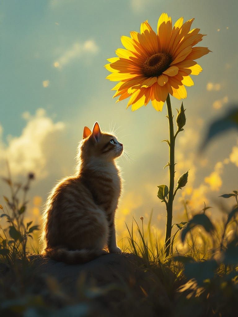 Cat Under Flower: Luminous Glow and Painterly Warmth