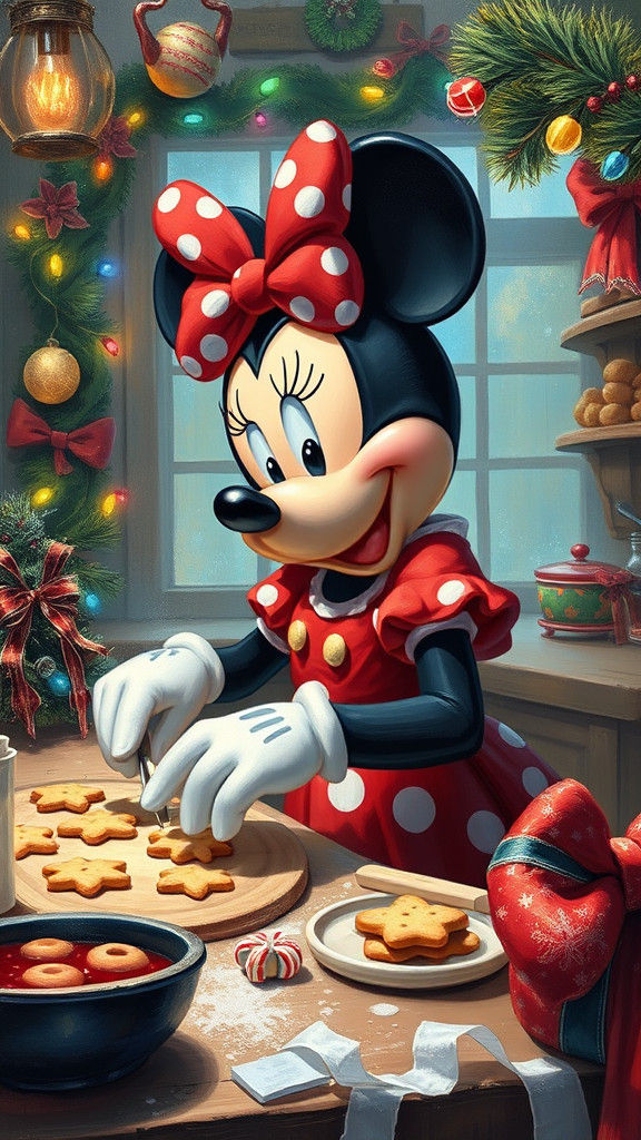 Minnie Mouse Baking Christmas Cookies: An Oil Painting