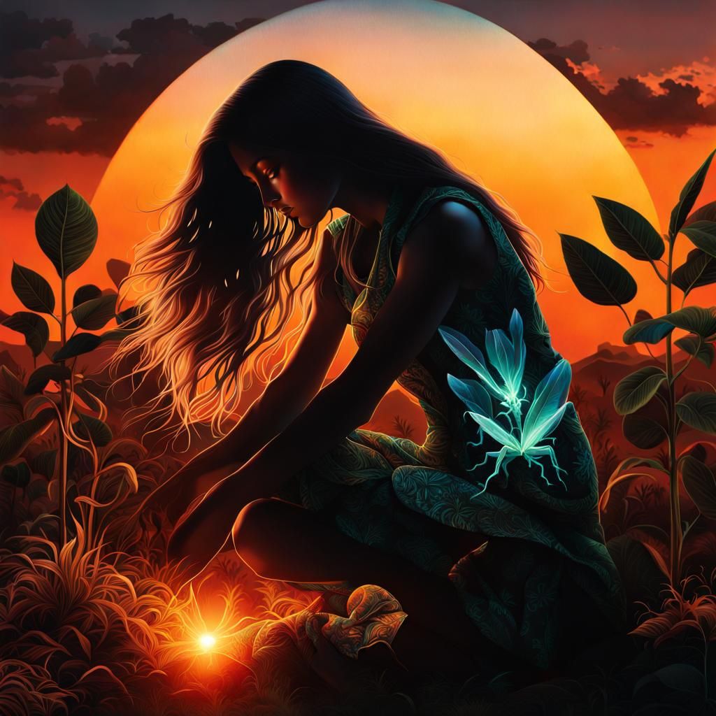 Glowing Bio Art: Woman's Resilience at Sunset