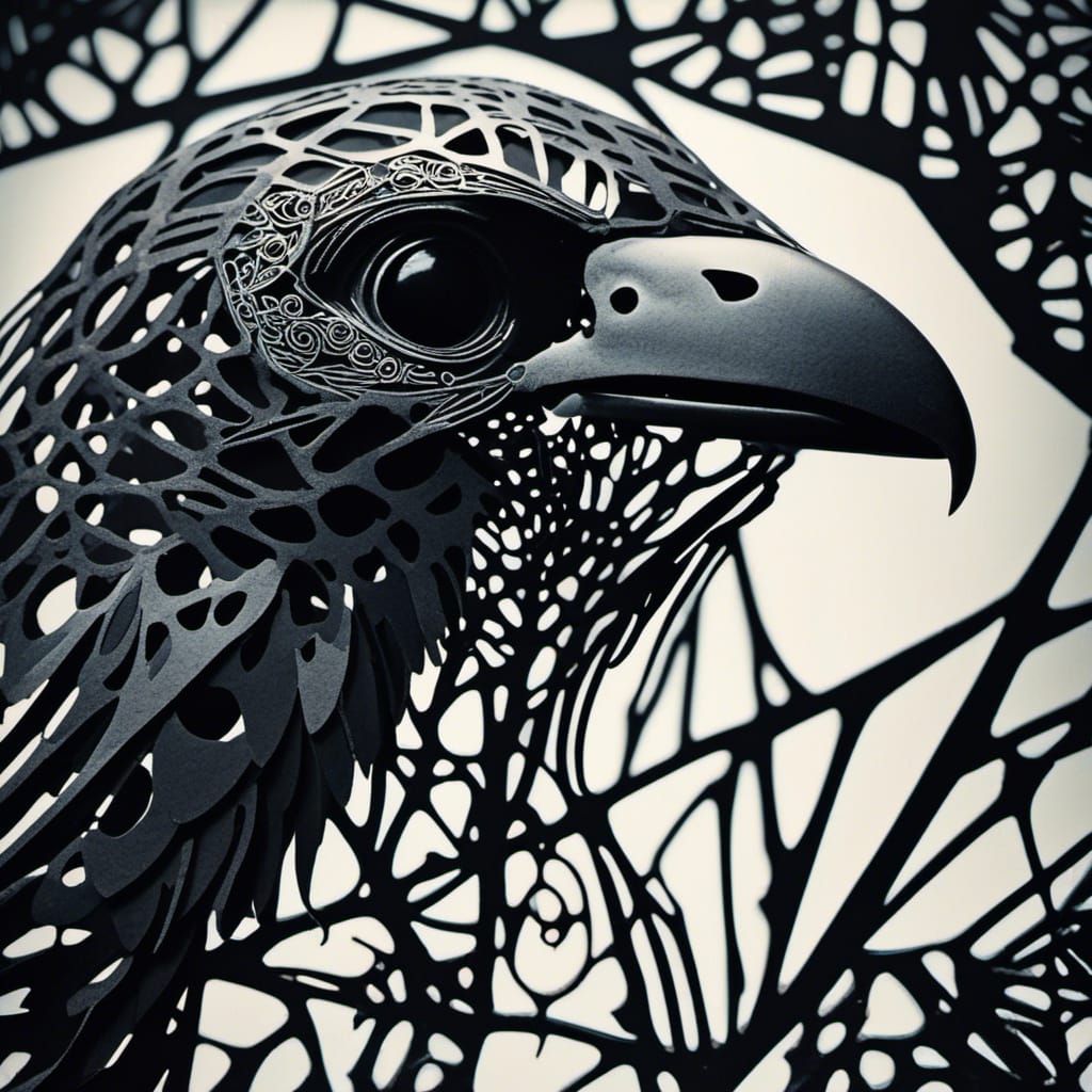 Raven Skeleton Photogram in Gothic Cubism Style