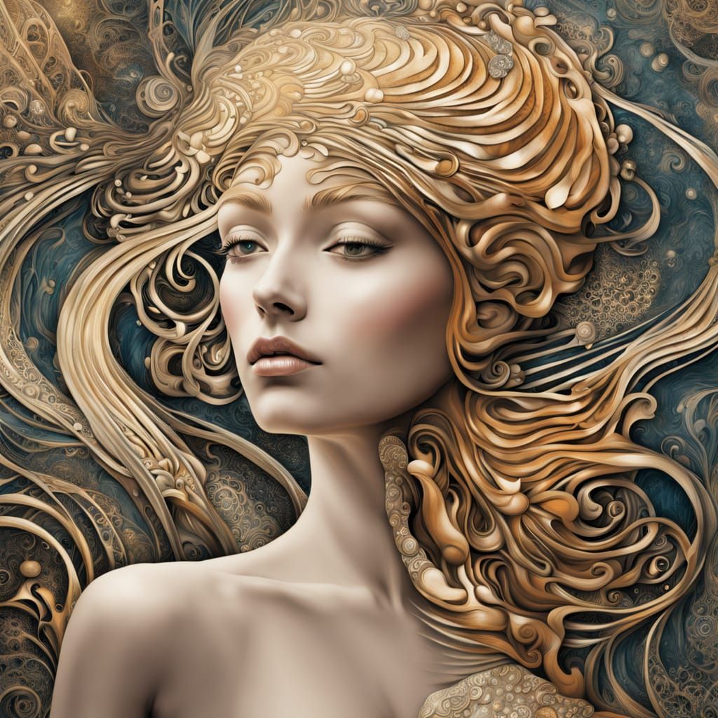 Ethereal Minimalist Portrait with Nautilus Forms and Arabesq...