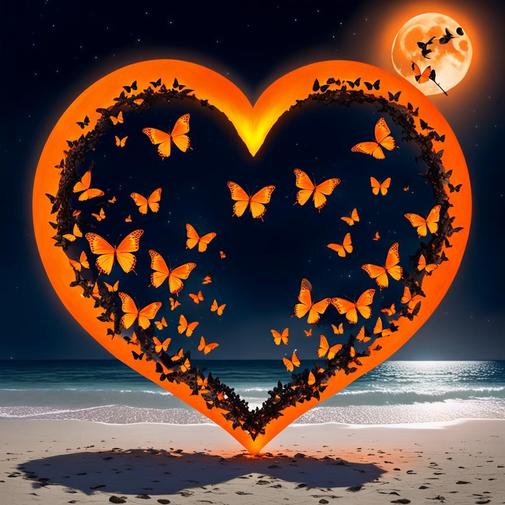 Butterflies Form Orange Heart on Beach at Night