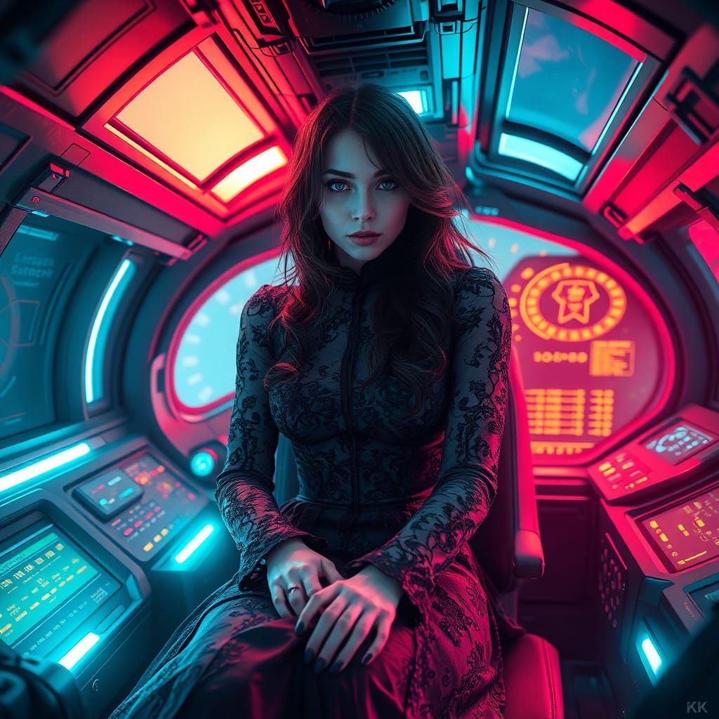 Goth Woman in Spaceship Cockpit as Digital Art