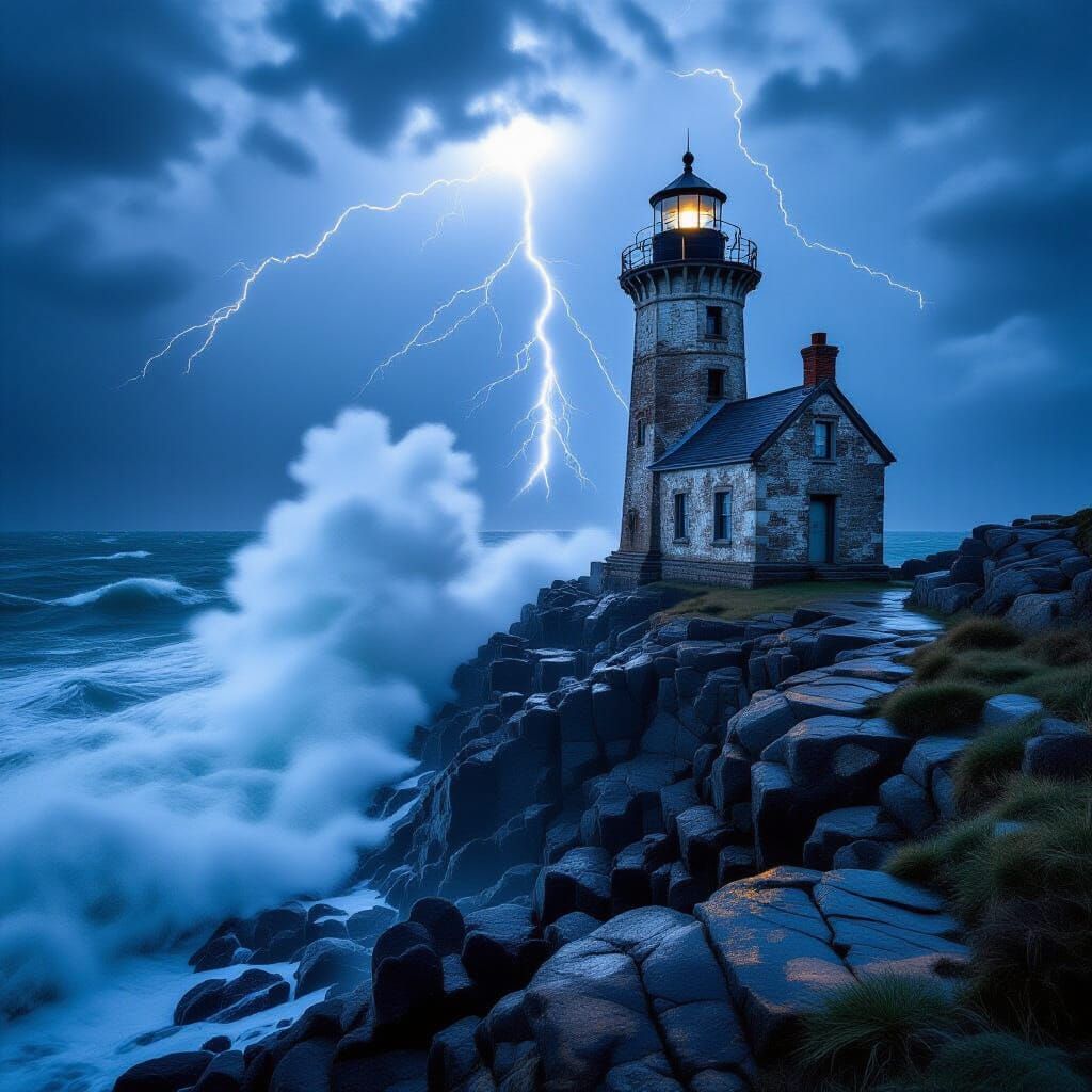 Dramatic Lighthouse Storm in Hyperrealistic Photography