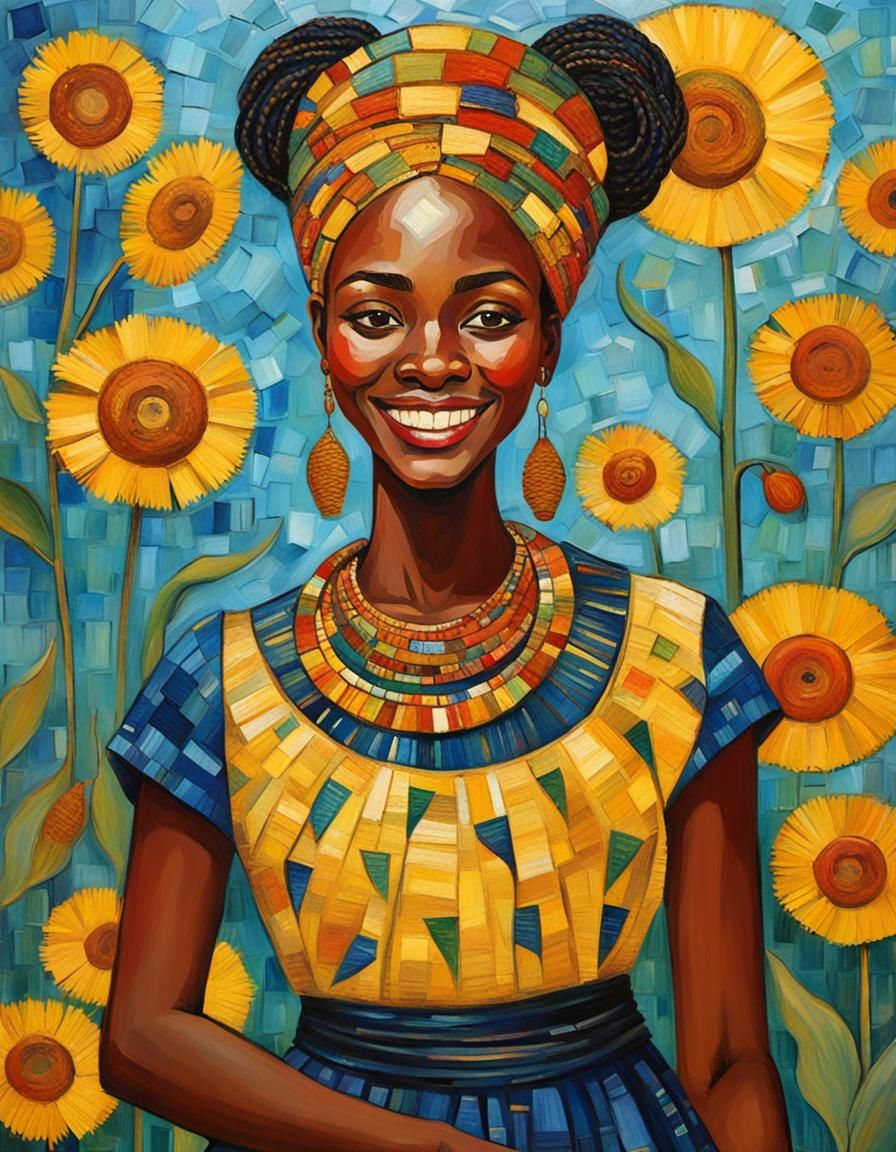 Smiling African Woman Portrait in Post-Impressionist Style