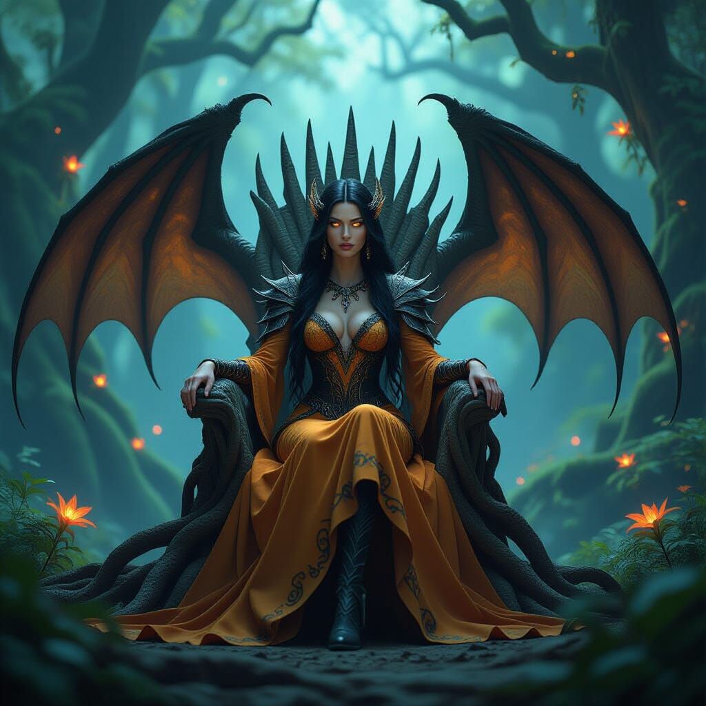 Dragonborn Queen on Bioluminescent Throne: Fantasy Concept A...