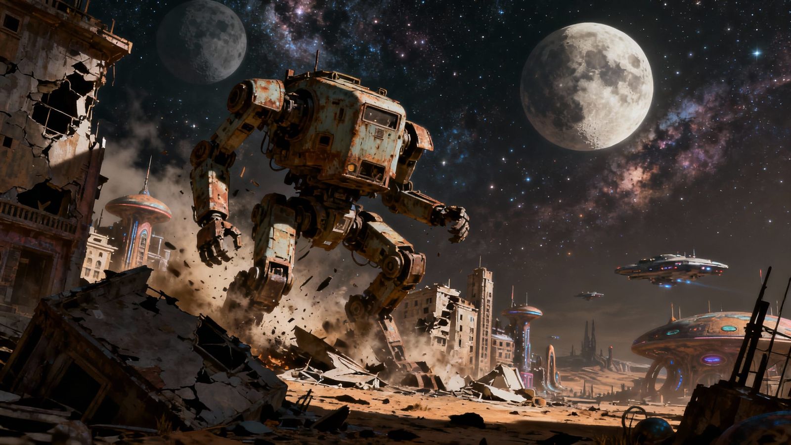 Giant Rustic Mecha-Robot Destroys Alien City Under Twin Moon...
