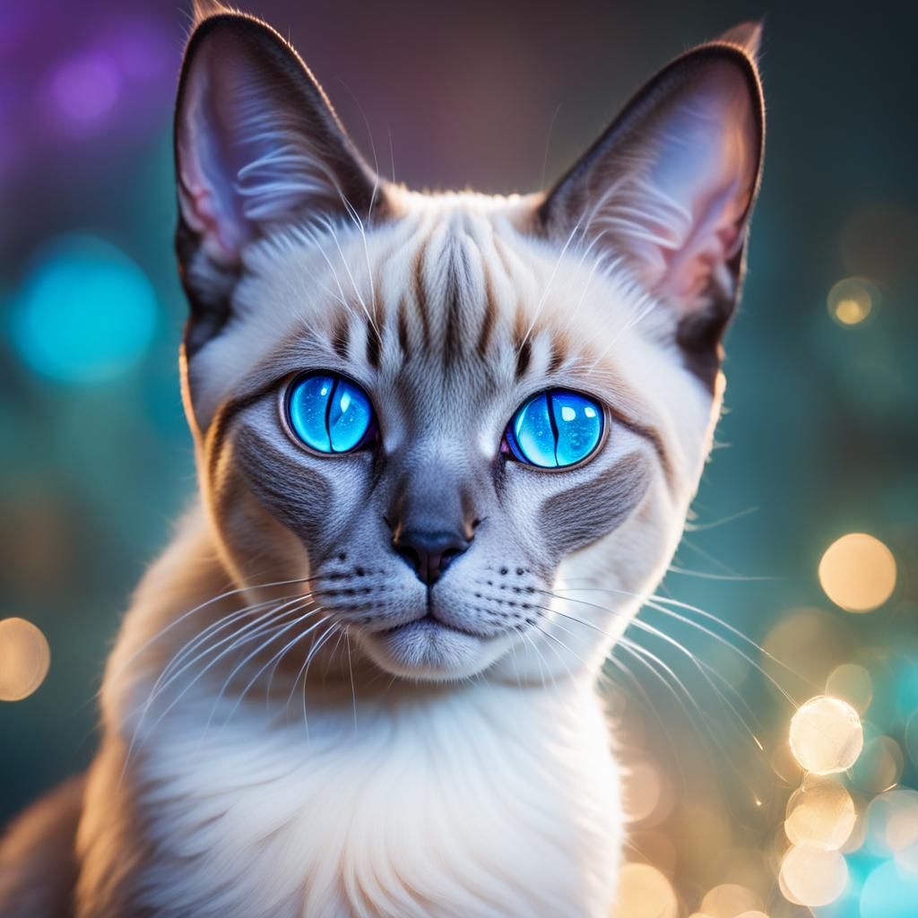 Beautiful Siamese cat with Crystal blue eyes& shimmery sparkly purple background& ethereal vibes& magical vibes