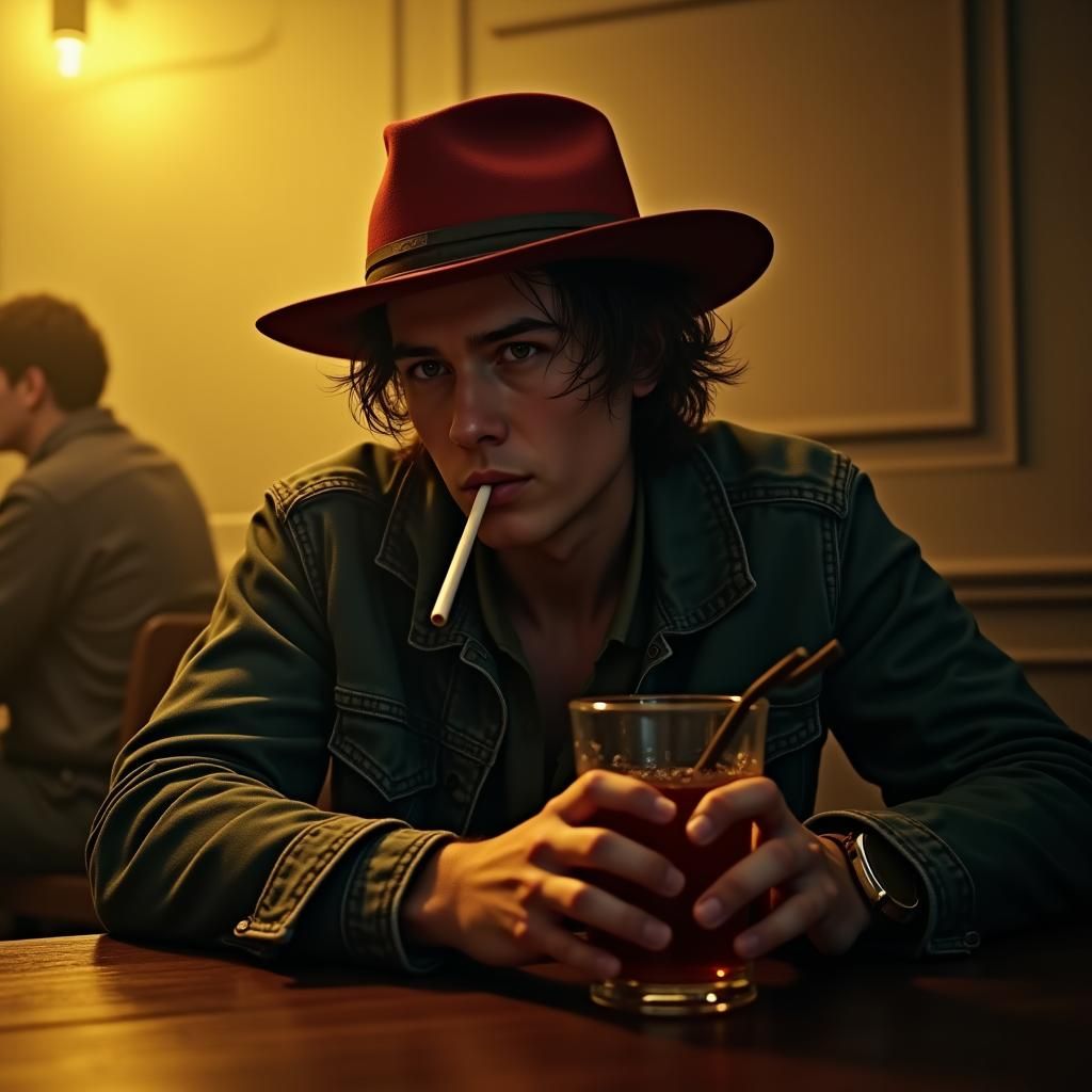 Man Smoking in Bar, Cyberpunk Style, Nostalgic Ambiance
