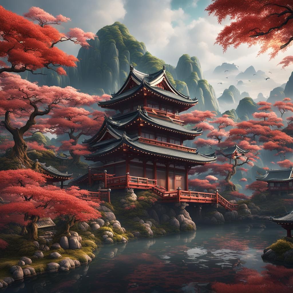 Fantastical Japanese Landscape in Detailed Matte Painting