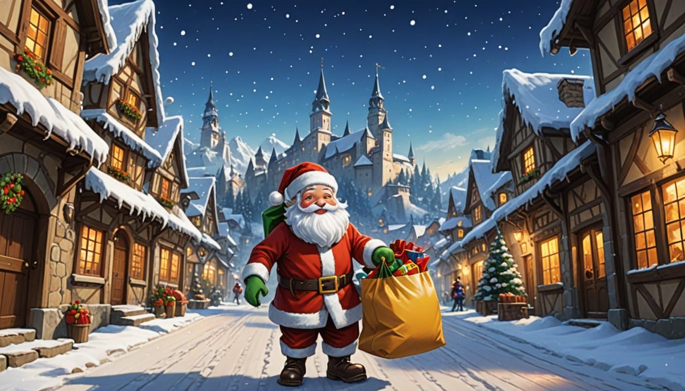 Cool Santa Rides Through Snow with Gift Sack