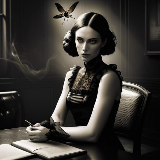 Moody Gothic Coffee Shop Scene in Sepia Tones with Amber Neo...