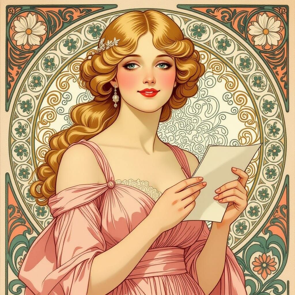Elegant Woman in Art Nouveau Style Holding Letter