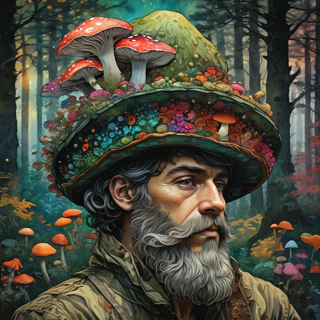 Portrait of a male Hunter in an unconventional colorful large hat made from colorful mushrooms.
