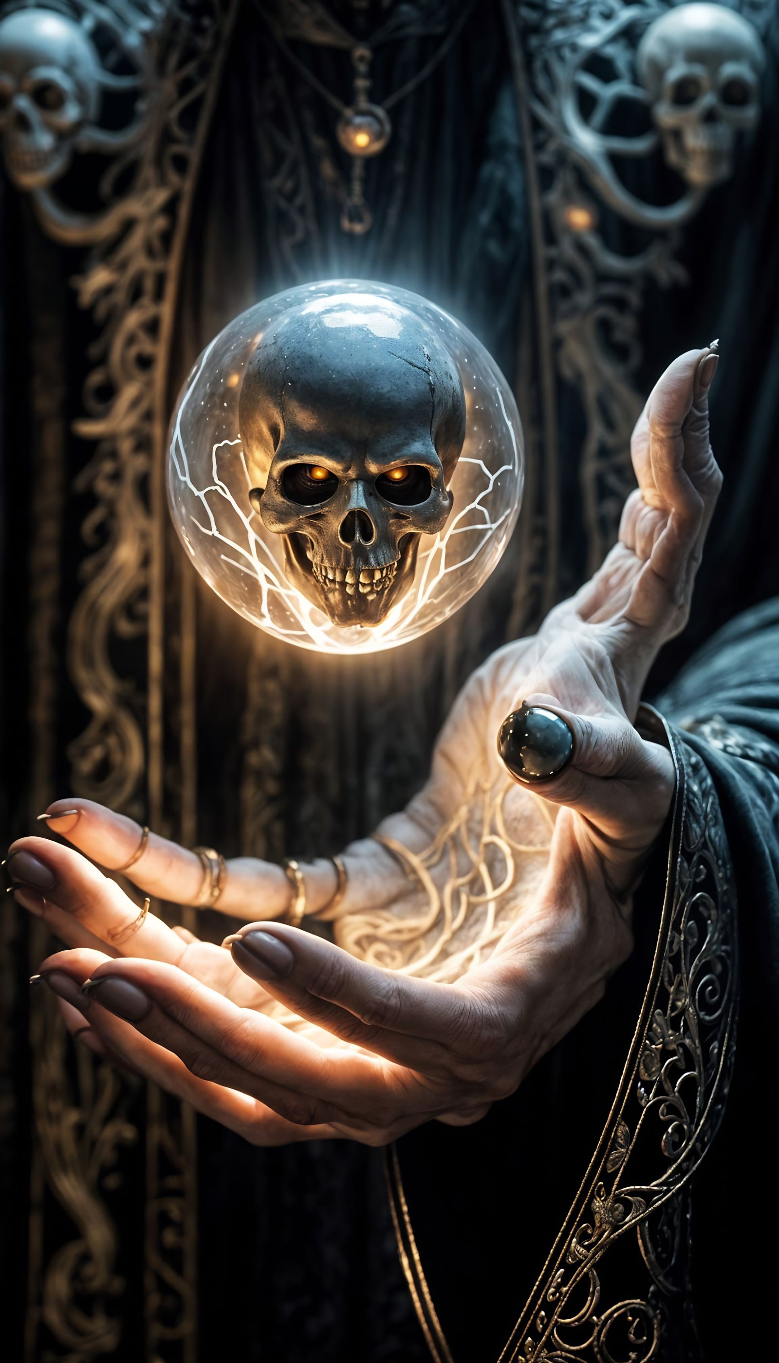 Macabre Being Holds Glowing Orb Close-Up