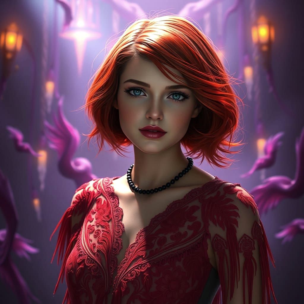 A young woman in 1920, with red hair styled in a 1920s bob, wearing a red, sheer, lace-detailed dress with fringe