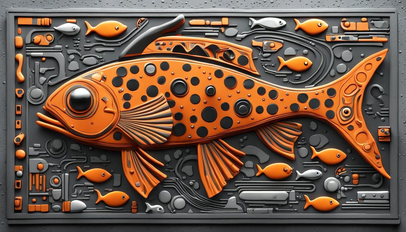 Egyptian Cartoon Fish Swimming in Technological Ocean