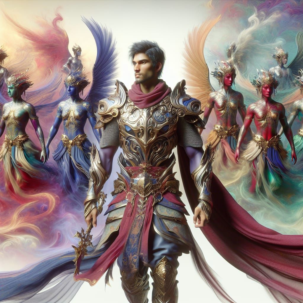 South Asian Warrior with Angels in Matte Painting