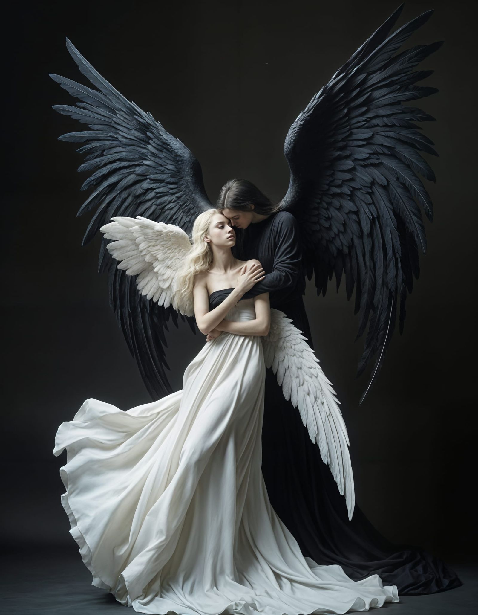 Angels Embrace in a Dark Surrealist Style