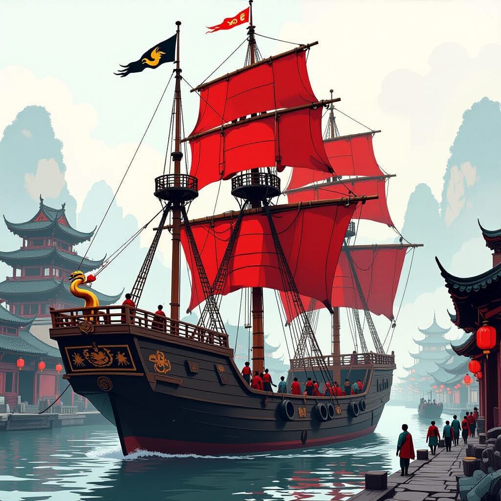 Majestic Chinese Junk Ship with Dragon Prow