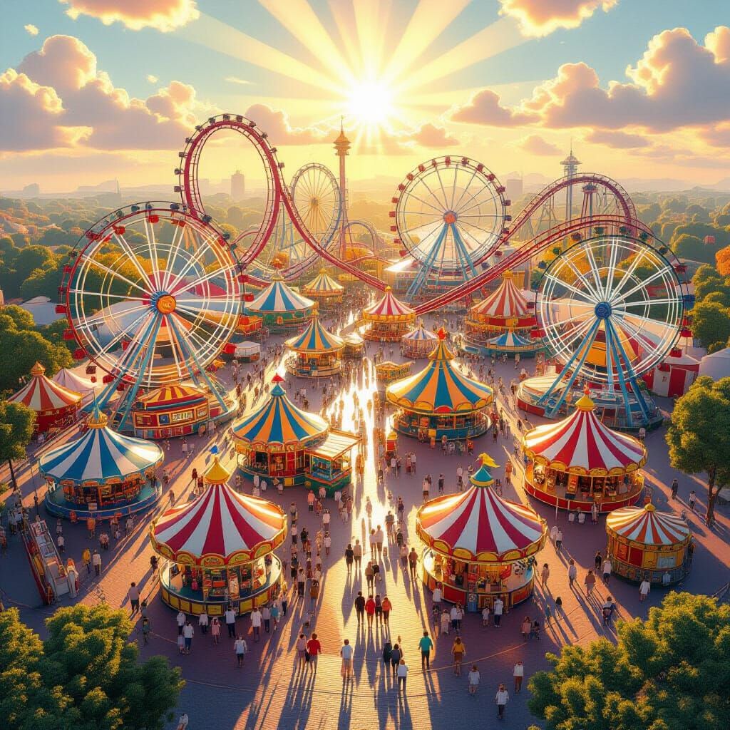 Bird's Eye View of Vibrant Amusement Park in Pixar Style