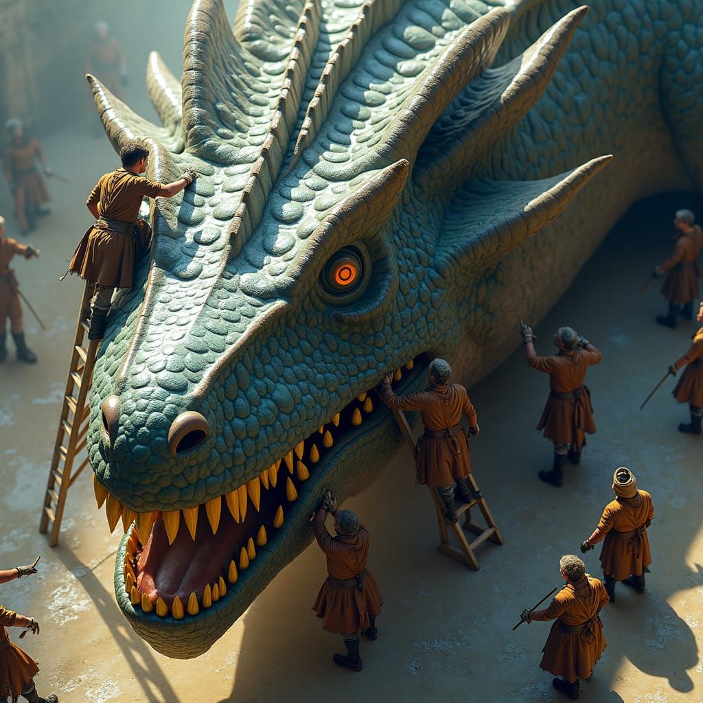 Humans Cleaning a Gargantuan Dragon's Scales