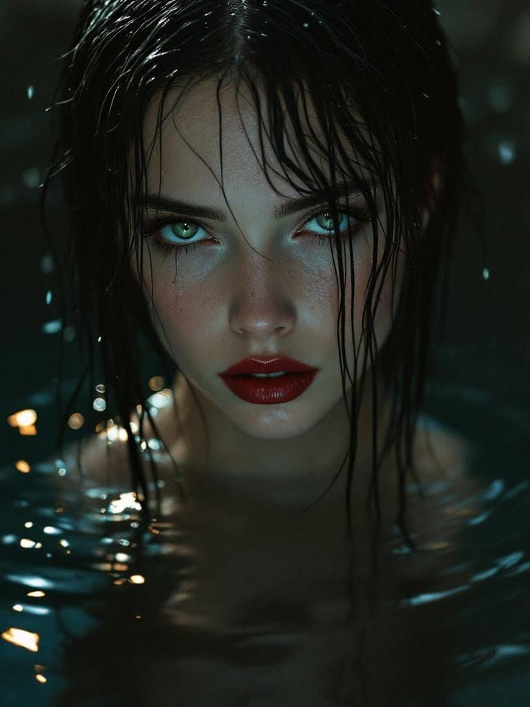 Ethereal Woman Emerges from Dark Pool