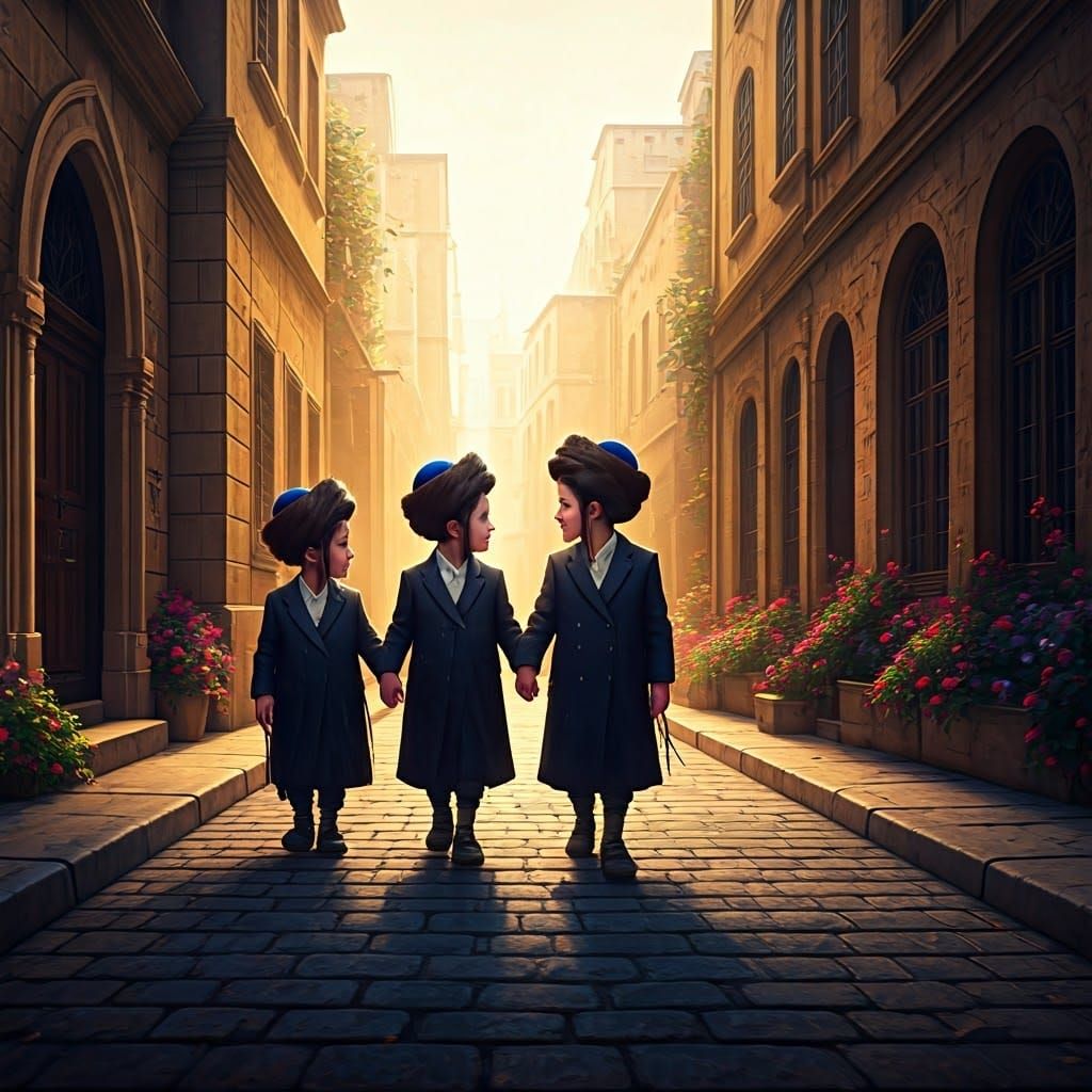 Charming Hasidic Children Stroll Down a Cobblestone Fantasy....