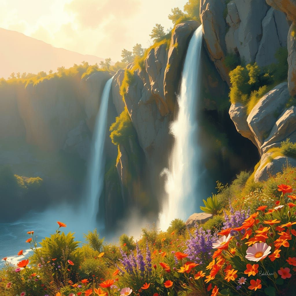 Impressionistic Waterfall Landscape in Golden Sunlight