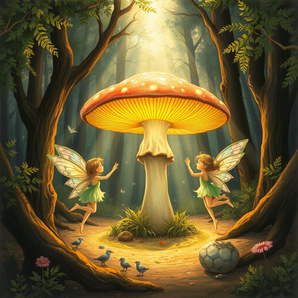 Faeries Dancing Around Bioluminescent Mushroom