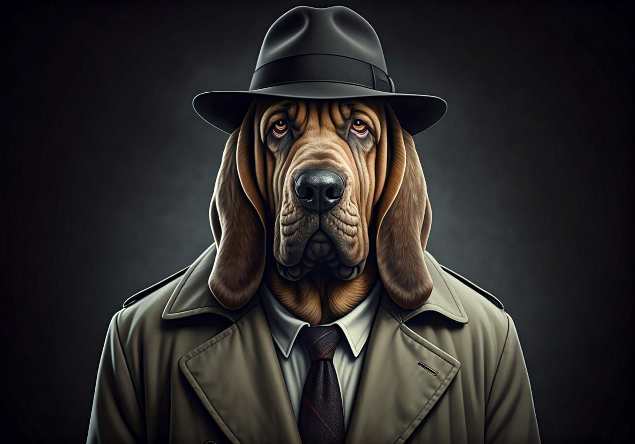 Black and white Film Noir, an anthropomorphic bloodhound dressed as a 1940s private eye