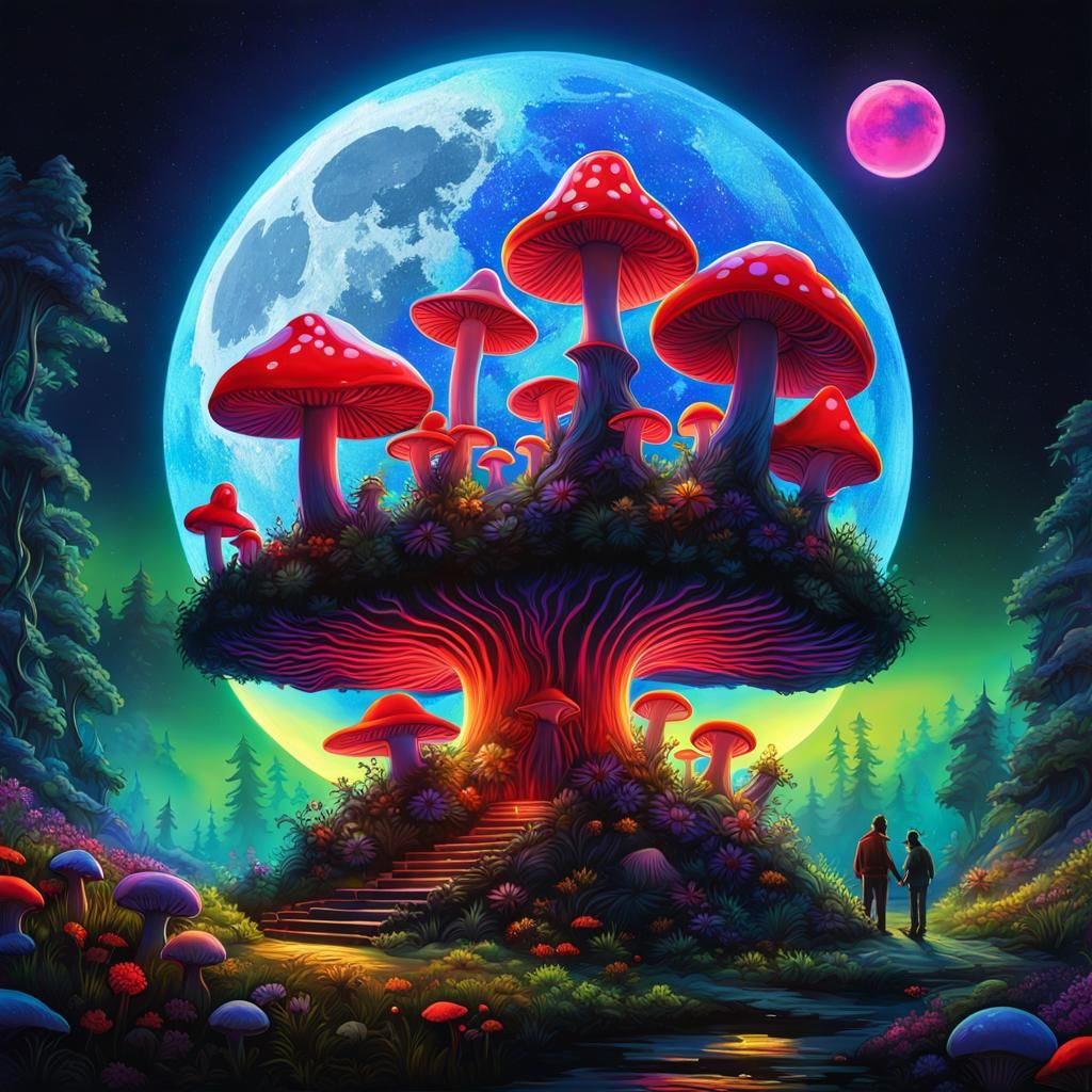 Fluorescent Mushroom Forest with Moon and Stars