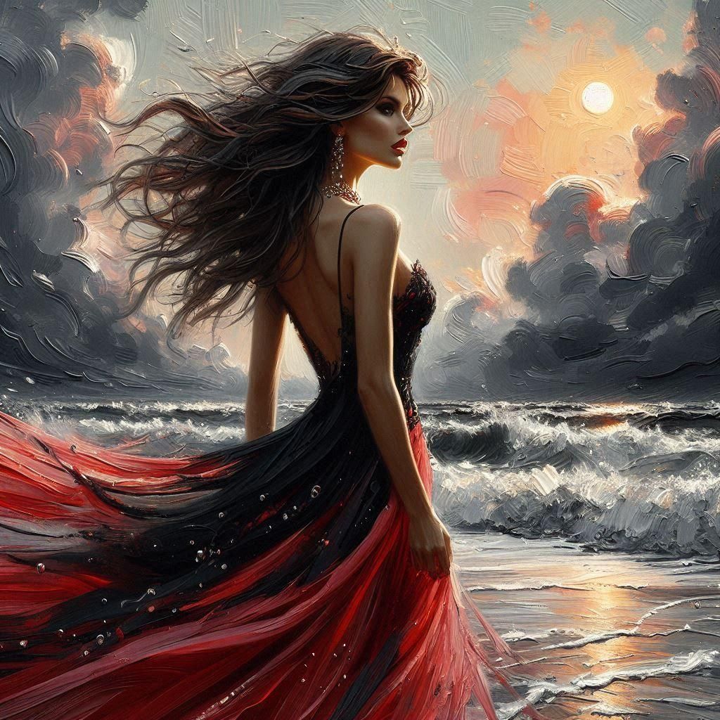 Red Dress Oil Painting with Impasto Brushstrokes