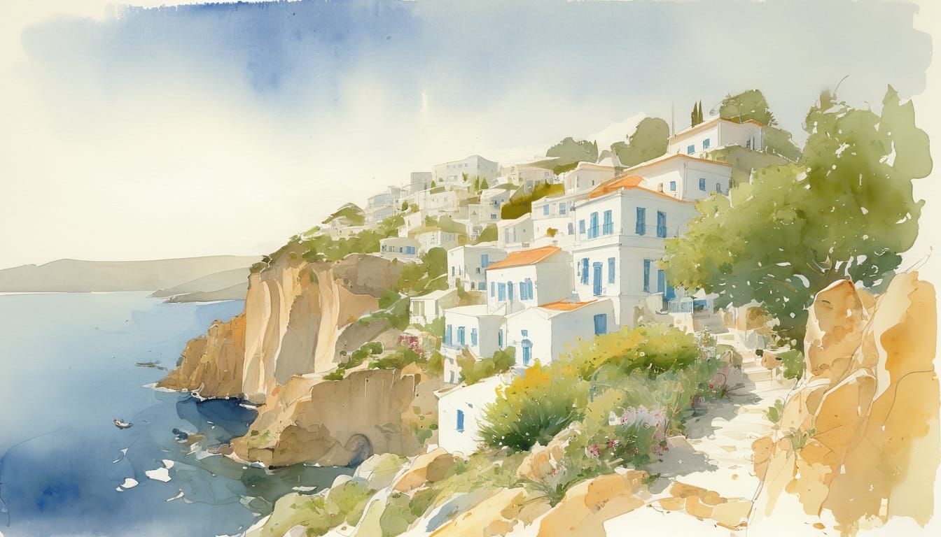 Greek Island Village: Watercolor Impressionist Coastal Scene