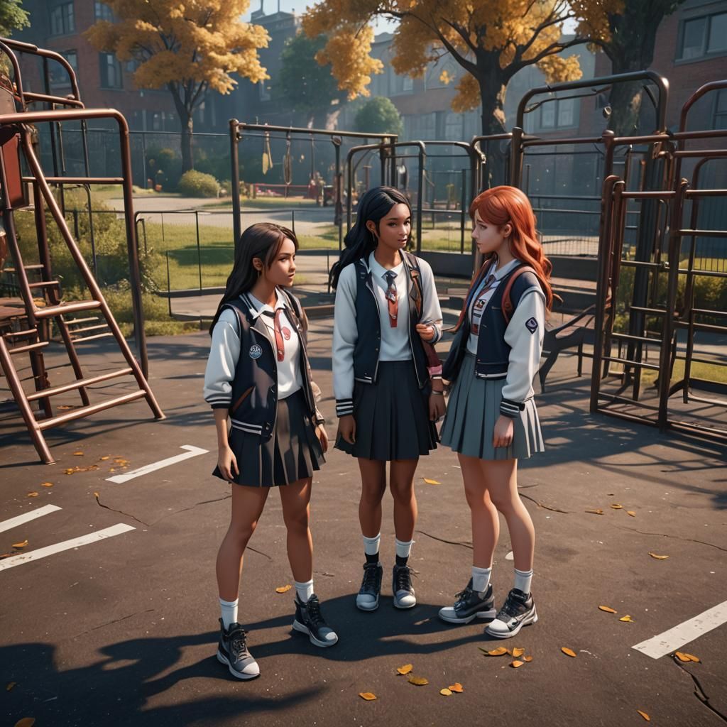 Girls Chatting in High School Playground: Detailed Matte Pai...