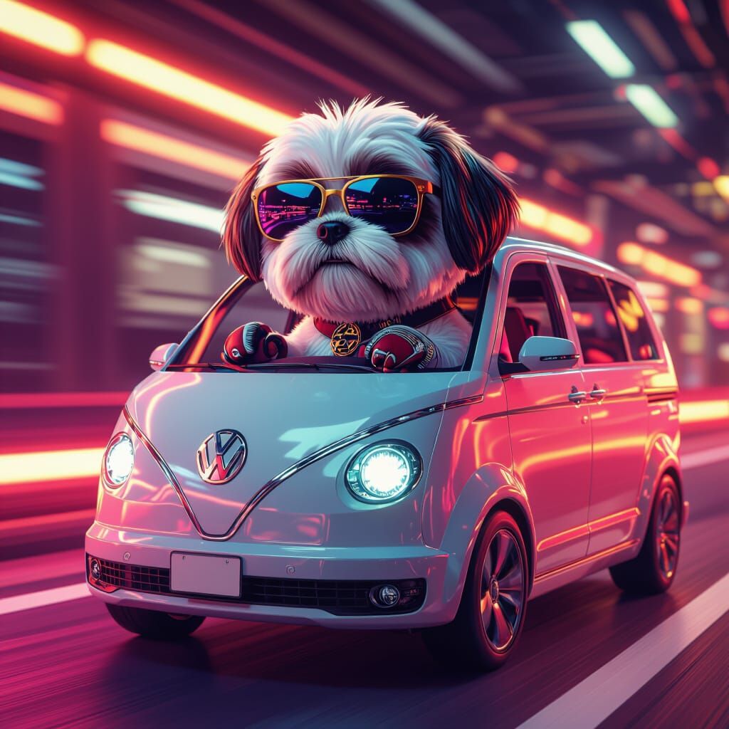 Shih Tzu Races in Anime-Style VW Van