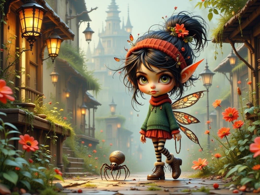 Pixie Fairy in City, Hyperrealistic Digital Art
