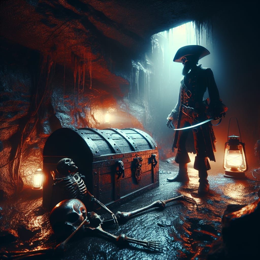 Cyberpunk Pirate Skeleton Guarding Treasure Chest