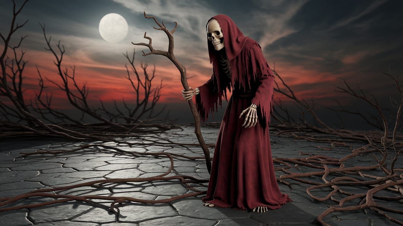 Gothic Skeleton with Staff in Moonlit Landscape