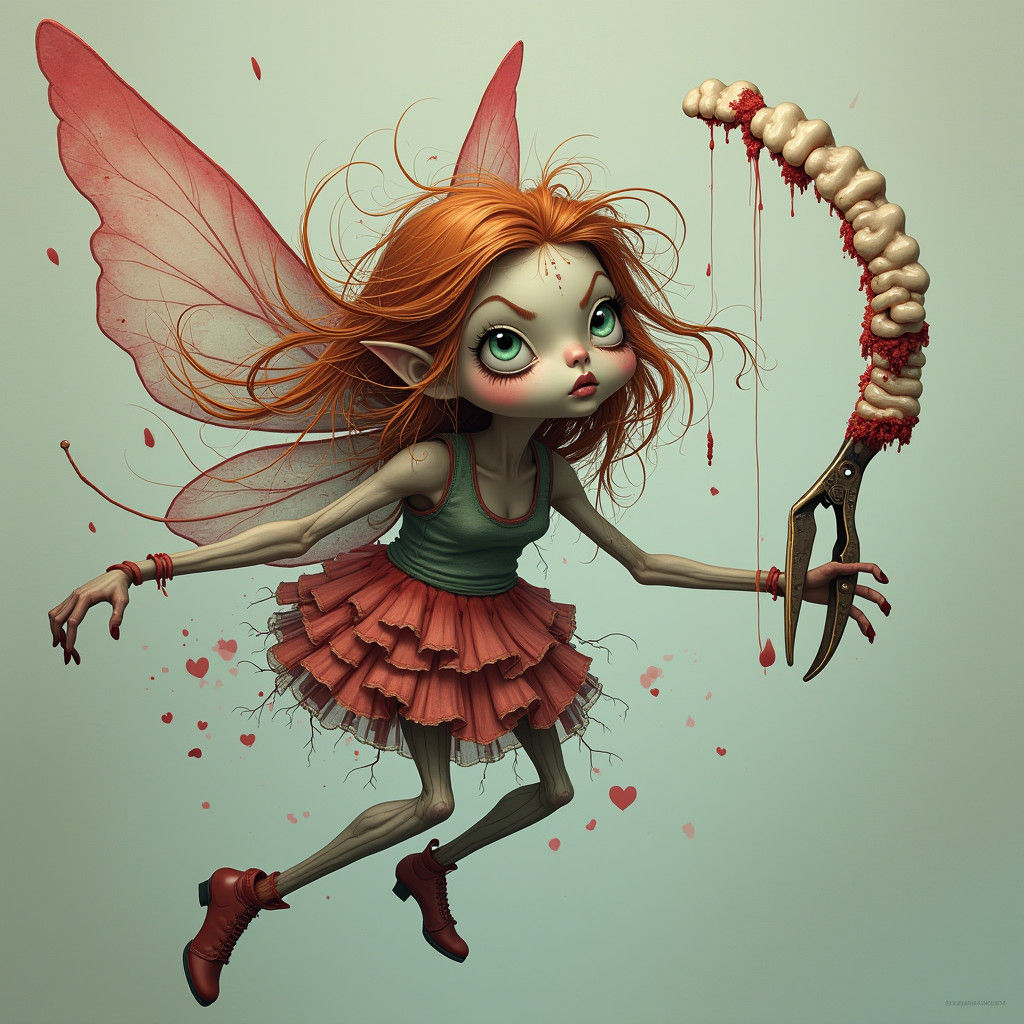 Surreal Tooth Fairy Illustration with Bloody Teeth
