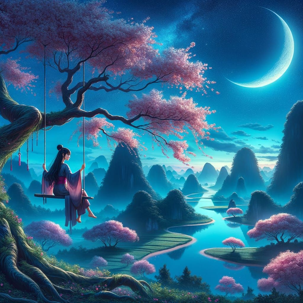 Enchanting Chinese Landscape Under a Magical Night Sky