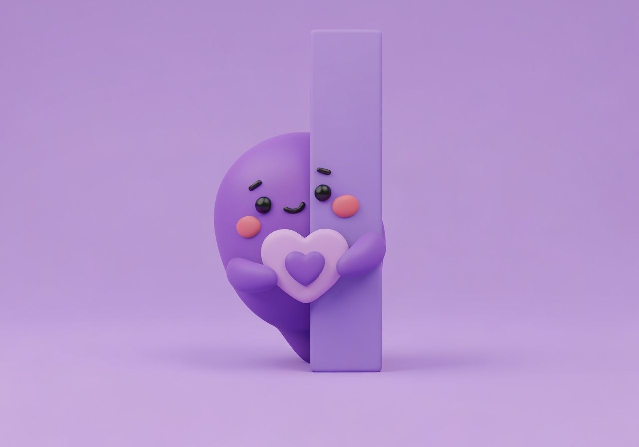Cute Purple Creature Holding Heart: 3D Cartoon Illustration