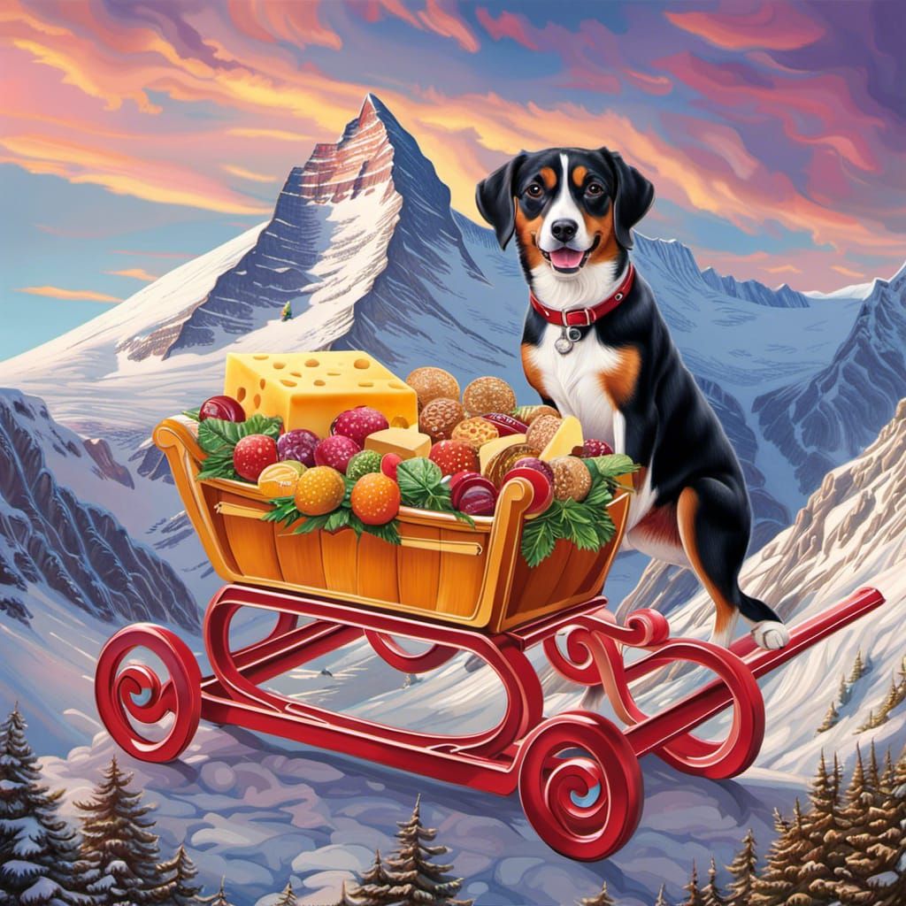 Entlebucher Dog with Cheese Sleigh in Candyland Art