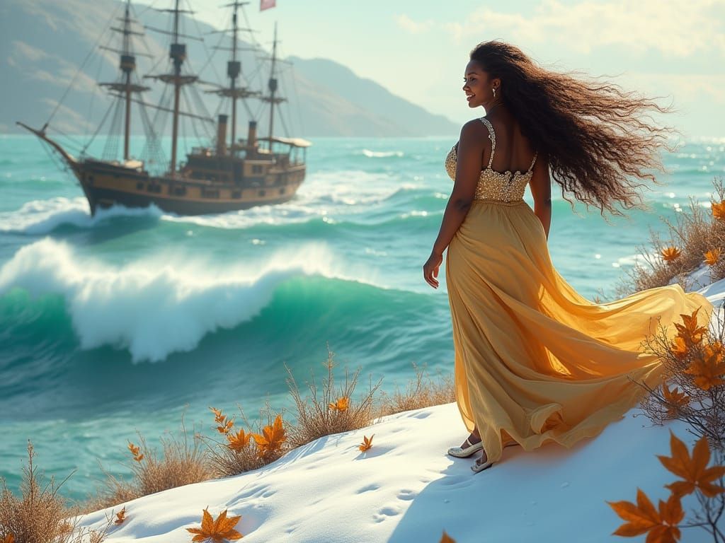 African Princess on Snowy Hill Overlooking Ocean