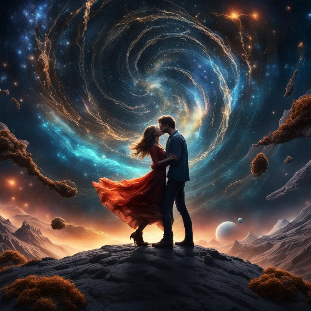 Lovers Kissing in Starry Universe, Detailed Matte Painting