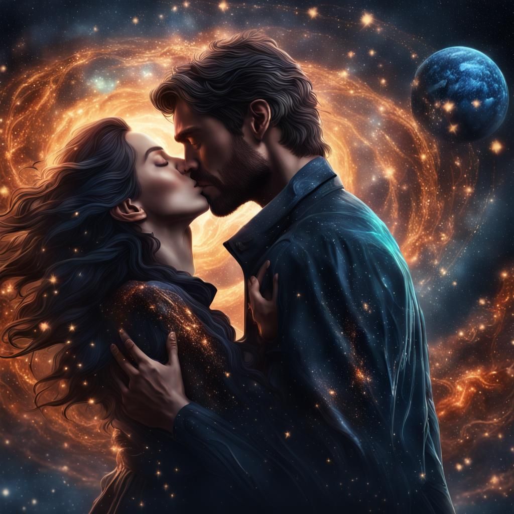 Lovers Kissing in Maelstrom of Stars, Digital Art