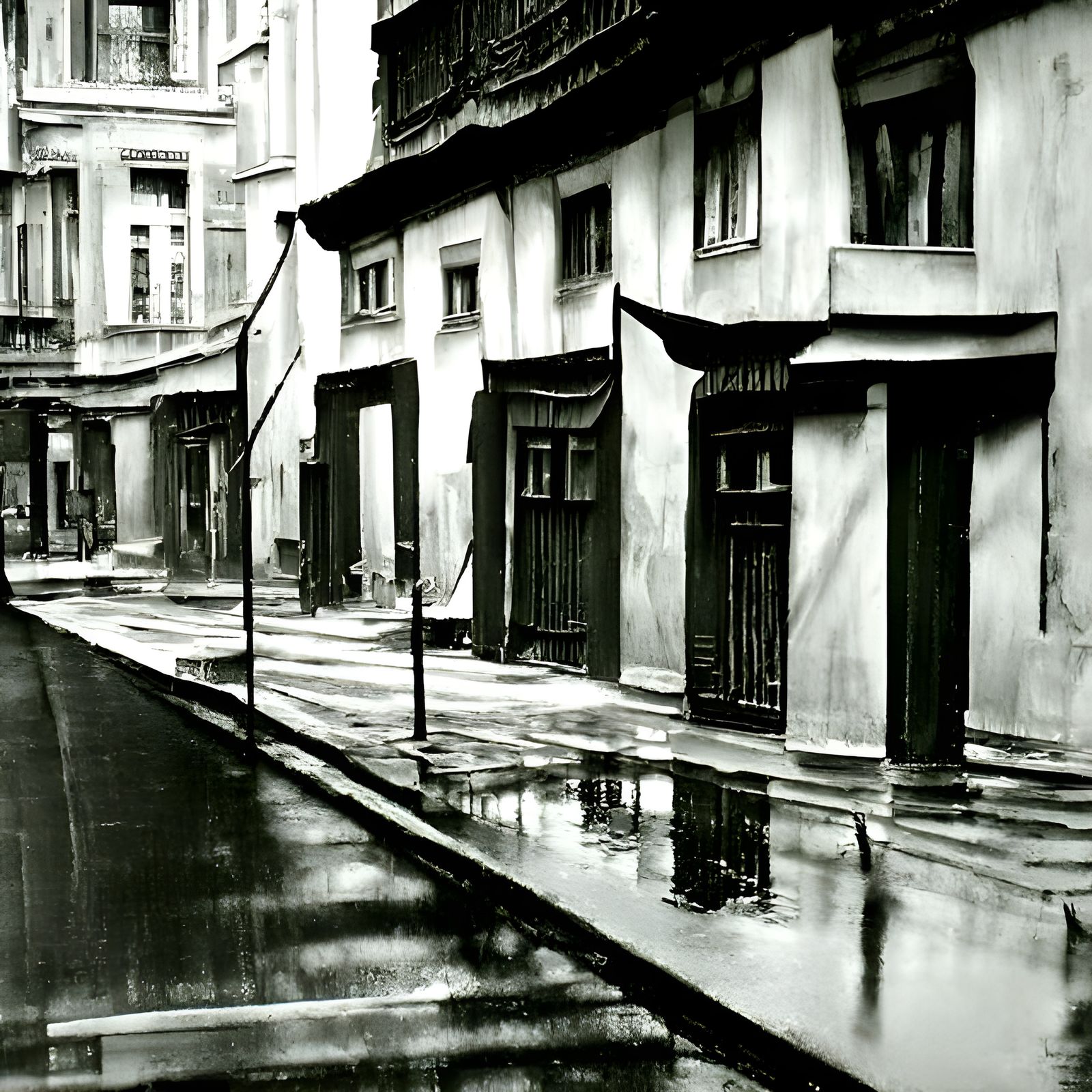 Rainy European Street, Film Noir Photography