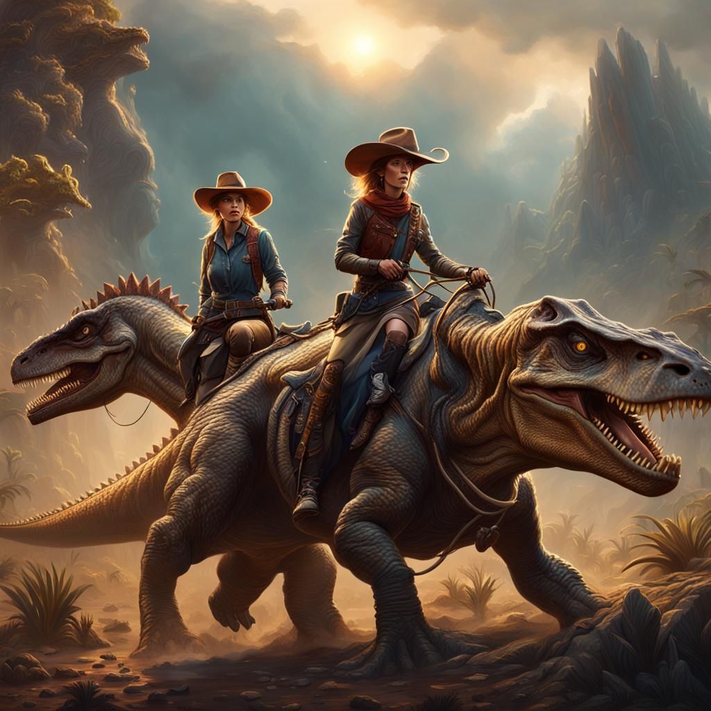 Cowgirls Ride Dinosaurs in Detailed Matte Painting